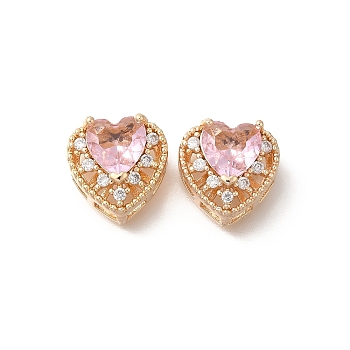 Rack Plating Brass Micro Pave Cubic Zirconia Beads, with Glass, Long-Lasting Plated, Lead Free & Cadmium Free, Golden, Heart, Pink, 11x12x7mm, Hole: 1.6mm