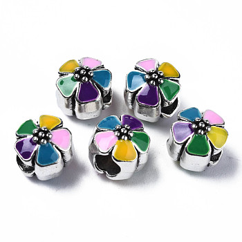 Alloy Enamel European Beads, Large Hole Beads, Cadmium Free & Lead Free, Antique Silver, Flower, Colorful, 10x10x10mm, Hole: 4.5mm