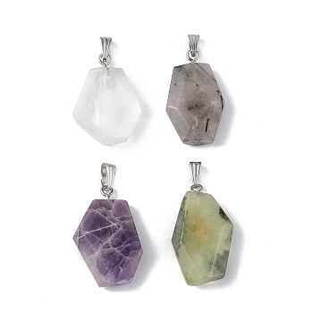 Natural Mixed Stone Pendants, Faceted Polygon Charms, with Stainless Steel Color Plated 201 Stainless Steel Snap on Bails, 21~29x16~23x6~8mm, Hole: 2x7mm