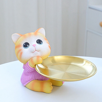Cute Resin Cat Tray Figurines, Entrance Jewelry Key Storage for Home Desktop Decoration, Violet, 135x110x90mm