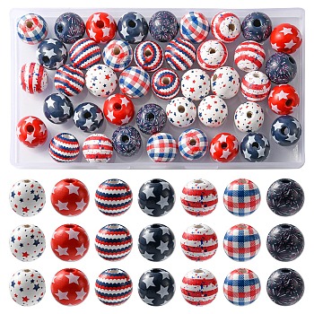42Pcs 7 Styles Independence Day Theme Schima Wood Beads, Printed Round Beads, Mixed Color, 15.5~16x14~14.5mm, Hole: 3.5~4mm, 6pcs/style