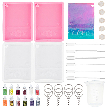 DIY Mp3 Player Shape Keychai Making Kits, Including Silicone Molds, Iron Split Key Rings, Nail Art Glitter Powder, Plastic Transfer Pipettes & Measuring Cup, Latex Finger Cots, Mixed Color, Silicone Molds: 80x60x10mm, Hole: 5mm, Inner Diameter: 71x51mm, 4pcs/set