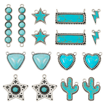 DIY Jewelry Making Finding Kit, Including Synthetic Turquoise Pendant & Connector Charms, Triangle & Heart & Rectangle & Star & Lightning Bolt, Antique Silver, Pendants: 18~49x9~34x2~8mm, Hole: 1.8~2.5mm, 16Pcs/box