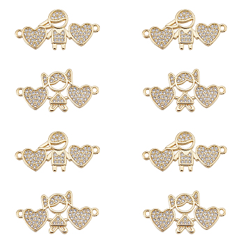 SUPERFINDINGS 8Pcs 2 Style  Brass Micro Pave Clear Cubic Zirconia Links Connectors, Heart with Kid, Real 18K Gold Plated, 14~14.5x27.5~29x2mm, Hole: 1.2~1.4mm, 4pcs/style