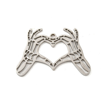 304 Stainless Steel Pendants, Laser Cut, Heart with Hand Charm, Stainless Steel Color, 24x35x1.5mm, Hole: 1.8mm