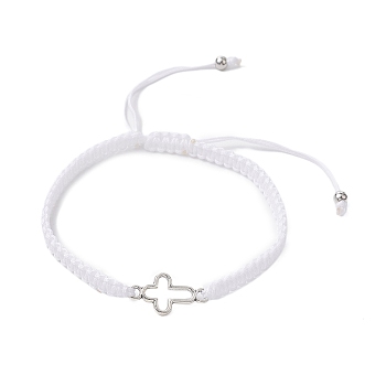 Cross Alloy Connector Charms Braided Bracelets, Adjustable Nylon Cord Bracelets, White, Inner Diameter: 2-1/8~3-1/8 inch(5.5~8cm)