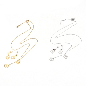 304 Stainless Steel Jewelry Sets, Cable Chains Pendant Necklaces and Stud Earrings, with Lobster Claw Clasps and Ear Nuts, Alphabet, Golden & Stainless Steel Color, Letter.B, 17.71 inch(45cm),  11x9x0.5mm, Pin: 0.8mm