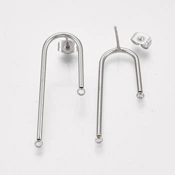 304 Stainless Steel Stud Earring Findings, for DIY Earring Making, with Ear Nuts/Earring Backs, Stainless Steel Color, 37x15x1.5mm, Hole: 1.5mm, Pin: 0.8mm