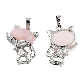 Natural Rose Quartz Pendants, with Platinum Plated Brass Findings, Cat Charm, 30.5x25x9mm, Hole: 5x7.5mm