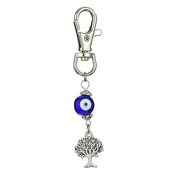 Alloy Tree of Life Pendant Decorations, Handmade Evil Eye Lampwork Beads and Lobster Claw Clasps Charms, Medium Blue, 91mm