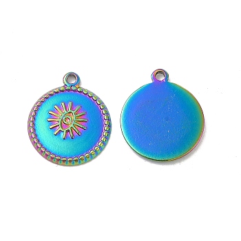 Ion Plating(IP) 304 Stainless Steel Pendants Rhinestone Settings, Flat Round with Eye and Sun, Rainbow Color, 18.5x16x1.5mm, Hole: 1.5mm, Fit for 1mm Rhinestone