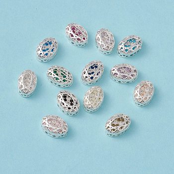 Eco-friendly Brass Micro Pave Cubic Zirconia Multi-strand Links, Rack Plating, Cadmium Free & Lead Free, Oval, Silver Color Plated, Mixed Color, 12x8x5mm, Hole: 1.2mm