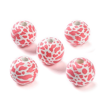 Printed Wood European Beads, Round with Leopard Print Pattern, Light Coral, 15.5~16x14.5~15mm, Hole: 4mm