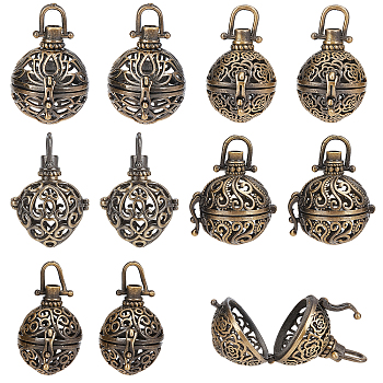10Pcs 5 Styles Round Brass Hollow Cage Pendants, For Chime Ball Pendant Necklaces Making, Antique Bronze, 27~31x22~29x20~25mm, Hole: 4~6x5~7mm, 2pcs/style