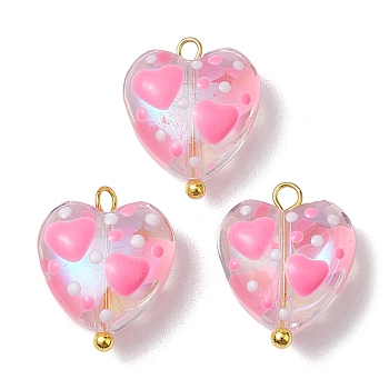 Glass Pendants, with 304 Stainless Steel Loops, Heart Charms, Pink, 15x12.5x6mm, Hole: 1.6mm