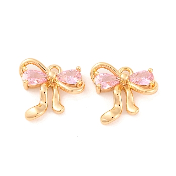 Brass Micro Pave Cubic Zirconia Charms, Cadmium Free & Nickel Free & Lead Free, Bowknot, Pink, 12x13x3.5mm, Hole: 1.4mm