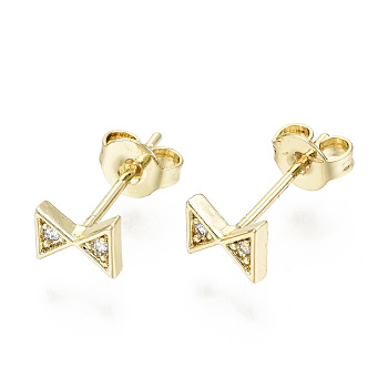 Brass Micro Pave Clear Cubic Zirconia Stud Earrings, with Ear Nuts, Nickel Free, Bowknot, Real 16K Gold Plated, 5x6mm, Pin: 0.8mm