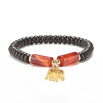 Column Natural Carnelian(Dyed & Heated) & Coconut Shell Stretch Bracelet with Alloy Elephant, Gemstone Jewelry for Women, Inner Diameter: 2-1/4 inch(5.7cm)
