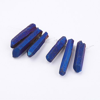 Electroplated Natural Quartz Crystal Graduated Beads Strands, Nuggets, Medium Blue, 21~43x5~13mm, Hole: 1mm, 3pcs/set