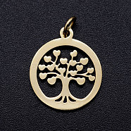 304 Stainless Steel Pendants, with Unsoldered Jump Rings, Flat Round with Tree of Life, Golden, 17x15x1mm, Jump Ring: 5x1mm, 3mm inner diameter(STAS-T046-JA350-2)