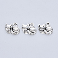 Tibetan Style Alloy Kitten Pendants, Cadmium Free & Lead Free, Cat with Roll Over Shape, Antique Silver, 13x14x3mm, Hole: 2mm(X-TIBE-R316-062AS-RS)