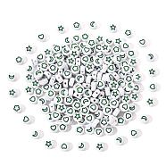 White Opaque Acrylic Beads, Flat Round with Heart & Flower & Moon & Star, Medium Sea Green, 7x4mm, Hole: 1.6mm, 200pcs/set(MACR-YW0001-19C)