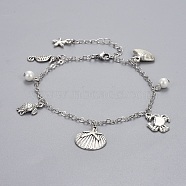 Brass Charm Anklets, with Glass Pearl, Alloy Charms and Stainless Steel Findings, Ocean Theme, White, 9-1/2 inch(24cm), 0.8~2.8mm(AJEW-AN00262)