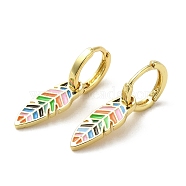 Real 18K Gold Plated Brass Dangle Hoop Earrings, with Colorful Enamel, Feather, 26.5x6.5mm(EJEW-L268-008G-02)