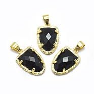 Natural Black Agate Pendants, with Brass Findings,  Faceted, Golden, Dyed & Heated, 22.5x14.5x5mm, Hole: 4x5.5mm(G-O176B-10G)