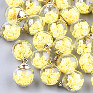 Glass Ball Pendants, with Polymer Clay and CCB Plastic Findings, Round, Golden, Yellow, 21x15.5~16mm, Hole: 2mm(X-GLAA-T003-01D)
