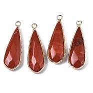 Natural Red Jasper Pendants, with Golden Plated Brass Edge and Loop, Teardrop, Faceted, 36~37x12x6mm, Hole: 2.5mm(G-S359-319E)