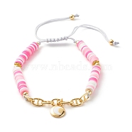 Handmade Disc Polymer Clay Braided Bead Bracelet, Brass Mariner Link Chains Bracelet, Flat Round with Moon Enamel Charms Bracelet for Women, Golden, Pink, Inner Diameter: 2-3/8~3-1/2 inch(6~9cm) (BJEW-JB07407-01)