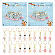 Pink Series Round Gemstone & Bicone Glass Pendant Stitch Markers, Crochet Leverback Hoop Charms, Locking Stitch Marker with Wine Glass Charm Ring, Mixed Color, 3.5cm, 10pcs/set(HJEW-AB00268)