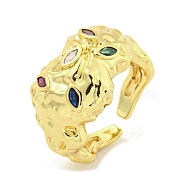 Brass Micro Pave Colorful Cubic Zirconia Cuff Rings, Open Rings, Horse Eye, Real 18K Gold Plated, Adjustable(RJEW-L113-014G)