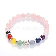 Buddha Head Gemstone Beaded Stretch Bracelets, with Tibetan Style Beads, Rose Quartz, 55mm(BJEW-JB01862-04)