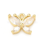Clear Glass Pendnants, with Brass Findings, Butterfly Charms, Real 18K Gold Plated, 9.5x11x3mm, Hole: 1.2mm(KK-P228-23G)