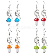 4 Pairs Mushroom Alloy and Lampwork Dangle Earring, with Brass Earring Findings, Mixed Color, 57x13mm(EJEW-TA00446)