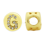 Brass Micro Pave Clear Cubic Zirconia Beads, Flat Round with Letter, Letter.G, 7.5x6.5mm, Hole: 3.5mm, 3pcs/bag(KK-T030-LA843-GX3)