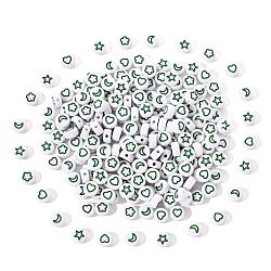 White Opaque Acrylic Beads, Flat Round with Heart & Flower & Moon & Star, Medium Sea Green, 7x4mm, Hole: 1.6mm, 200pcs/set(MACR-YW0001-19C)