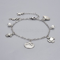 Brass Charm Anklets, with Glass Pearl, Alloy Charms and Stainless Steel Findings, Ocean Theme, White, 9-1/2 inch(24cm), 0.8~2.8mm(AJEW-AN00262)