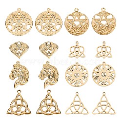 16Pcs 8 Style 304 Stainless Steel Pendants, Trinity Knot & Horse & Trinity Knot, Real 18K Gold Plated, 19~33.5x18.5~30x1.5mm, Hole: 1.5~2.5mm, 2pcs/style(STAS-SC0004-82)
