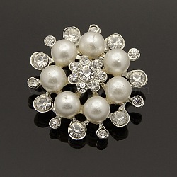 Fashion Alloy Rhinestone Flower Brooches, with Acrylic Pearl, Silver Color Plated, 30~32mm, Pin: 19x4mm(JEWB-L001-03)