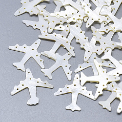 Freshwater Shell Airliner Filigree Joiners Links, Carved Passenger Airplane, Seashell Color, 26~27x28x1~1.5mm, Hole: 1~1.5mm(X-SHEL-S264-038)