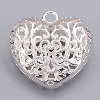 Hollow Tibetan Style Alloy Heart Pendants, Cadmium Free & Nickel Free & Lead Free, Silver, 50x49x16mm, Hole: 5mm