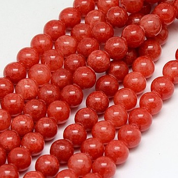 Natural Yellow Jade Beads Strands, Dyed, Round, Orange Red, 8mm, Hole: 1mm, about 50pcs/strand, 15.75 inch