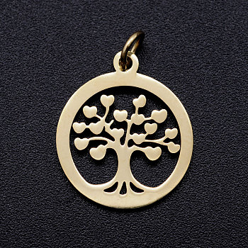 304 Stainless Steel Pendants, with Unsoldered Jump Rings, Flat Round with Tree of Life, Golden, 17x15x1mm, Jump Ring: 5x1mm, 3mm inner diameter