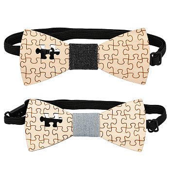 2Pcs 2 Colors Adjustable Wood Puzzle Pattern Bow Ties, with Polyester Band, Mixed Color, 295~496x9mm, 1pc/color
