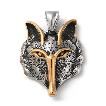 Ion Plating(IP) 304 Stainless Steel Pendants, Viking Wolf Head Charm, Antique Silver & Antique Golden, 36x28.5x9.5mm, Hole: 8.5x4mm