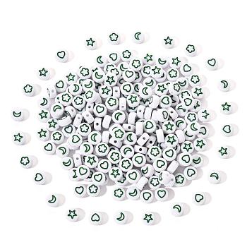 White Opaque Acrylic Beads, Flat Round with Heart & Flower & Moon & Star, Medium Sea Green, 7x4mm, Hole: 1.6mm, 200pcs/set