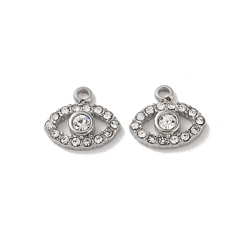 304 Stainless Steel Charm, with Rhinestone, Eye, Stainless Steel Color, 10x11.5x3.5mm, Hole: 1.5mm